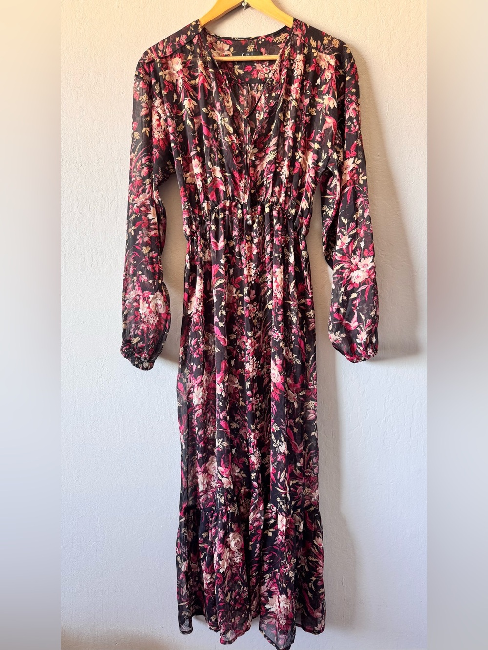 O.P.T. Fall Floral Long Sleeve Sheer Maxi Tiered Dress in Black, Burgundy, Cream